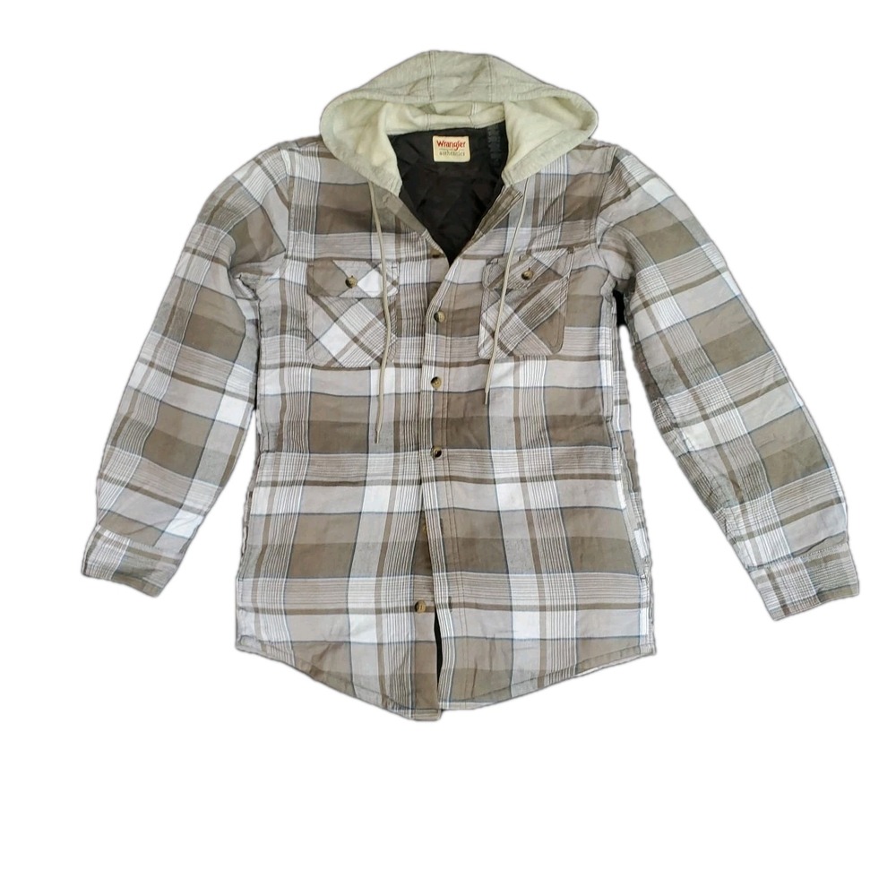 Wrangler Authentics Men's S Quilted Lined Hooded Flannel Shirt Jacket Plaid Gray